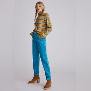 Maeve Anthropologie Pants Womens Size 28 Teal Blue Curved Corduroy Straight Leg